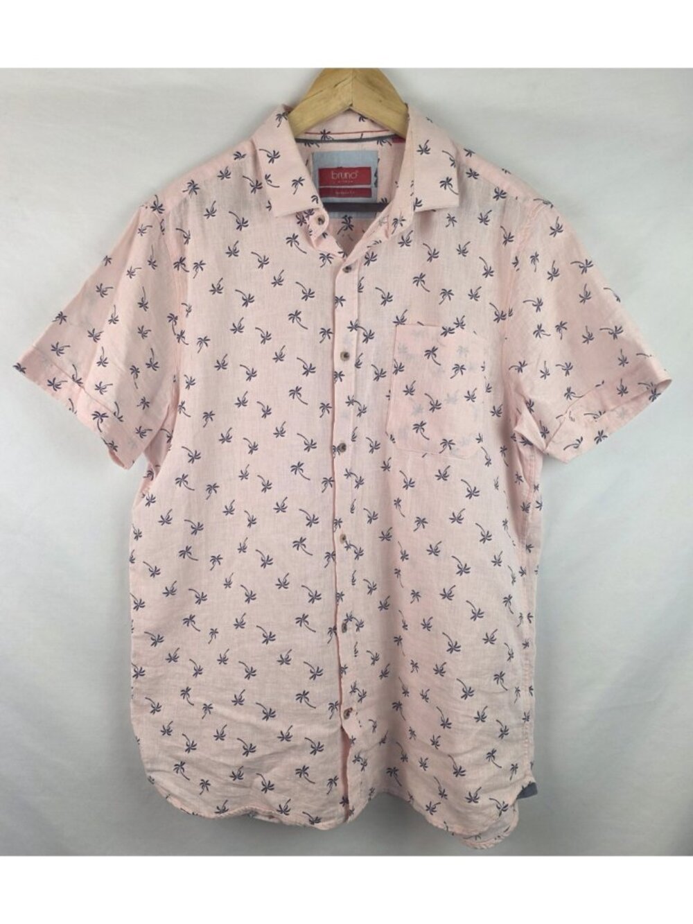 Bruno Milano Mens Hawaiian Shirt Size Large Pink Linen Blend Short Sleeve Top